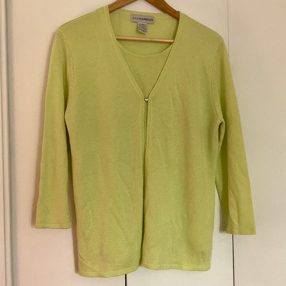 Vintage Sag Harbor Lime Green Shimmer Cami Sweater Duo One Piece, Size Medium - Picture 3 of 12
